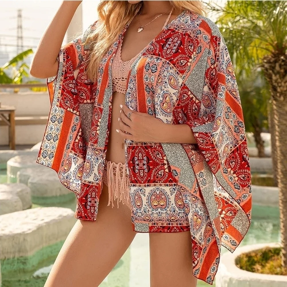 Women's Bohemian Print Short Beach Swim Cover-Up Kimono Top, Red Orange Green